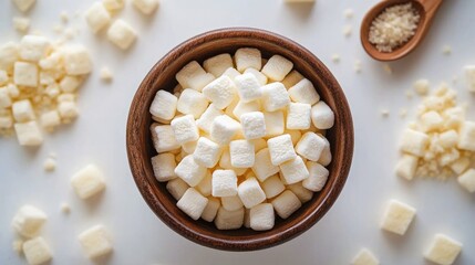 Wooden bowl of small white squares, scattered on white surface, sugar, or cheese, overhead