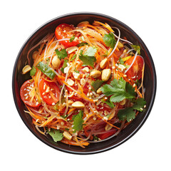 Fresh vegetable salad with colorful ingredients, including tomatoes, peanuts, and herbs, garnished with sesame seeds for delightful crunch