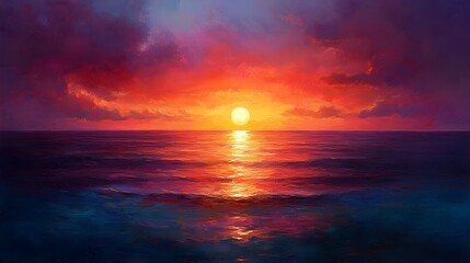 Obraz premium Vibrant Sunset Casting Colorful Reflections Over a Calm Ocean Horizon – Generative AI