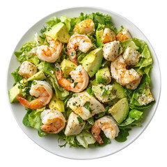 Fresh shrimp salad with avocado and greens, garnished with herbs and spices, offers healthy and vibrant meal option. Perfect for seafood lovers