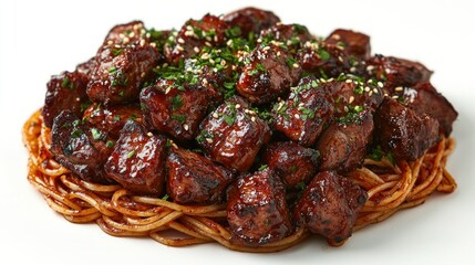 Beef cubes, noodles, sesame, studio shot, food photography