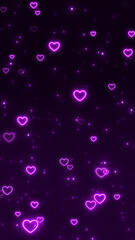 valentines day purple love neon lights hearts and shiny glowing stars flying ,vertical social media romantic background	