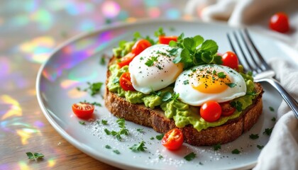 Poached eggs on avocado toast with cherry tomatoes and herbs on a white plate