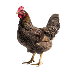 detailed illustration of brown hen with vibrant red comb and wattles, showcasing its feathers and posture. This chicken stands confidently, representing farm life and poultry