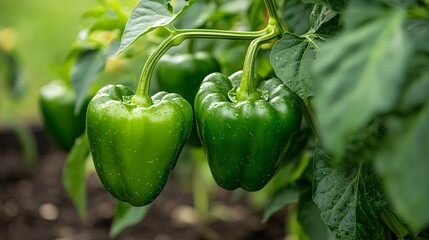 Two Green Bell Peppers Growing On The Plant