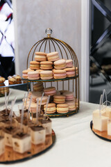 Desserts of macarons, pastries and sweets on a table for waiting guests. Macarons and sweets