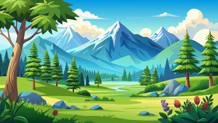 In the summer while traveling the captivating landscape with its lush green trees grass and forests against a backdrop of majestic mountains and a clear blue sky creates a stunning © ehsanollah