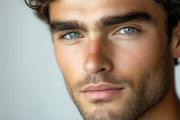 Fototapeta premium Close-up portrait of a young man with blue eyes and a light beard, showcasing his clear skin and facial features.