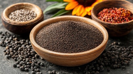 Wooden bowls of seeds and spices on dark surface with sunflower