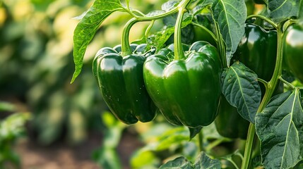 Fresh green bell peppers growing on a plant with leaves