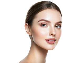 Radiant portrait, a woman with luminous skin and soft pink lipstick 