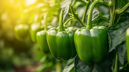Several Green Bell Peppers Grow on Plants in Garden