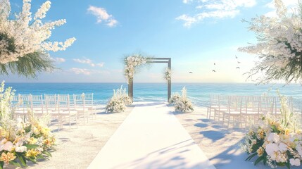 Fototapeta premium Beach Wedding Ceremony Setup: White Flowers, Ocean View