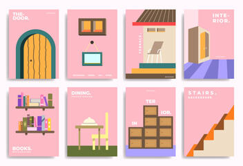 House exterior and interior art poster design set. Summer holiday cover template collection. For advertisement, event flyer, or presentation.
