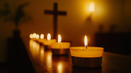 Church altar with candles and cross, Easter Holy Week symbolism
