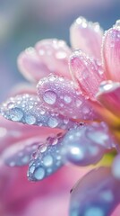 Close-up of delicate flower petals covered in glistening dewdrops, reflecting soft pastel colors in a dreamy and ethereal atmosphere
