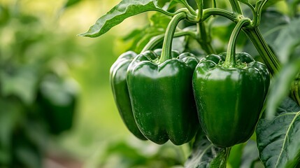 Fresh green bell peppers growing on a lush green plant