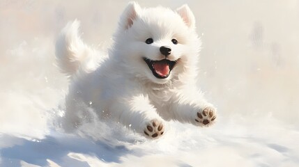 Happy White Puppy Playing in Snow on a Bright Winter Day