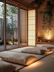 Fototapeta premium A serene Japanese interior design with tatami mats