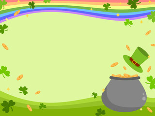 St. Patrick day border illustration decorated with rainbow curve, shamrock cover leaves, golden pot and leprechaun hat on green background