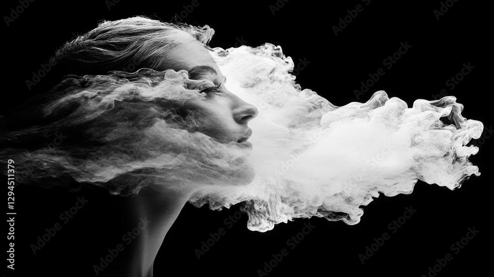 Poster A striking profile of a model blends seamlessly with wisps of smoke, creating an enchanting visual effect that evokes feelings of mystery and tranquility in a dark environment