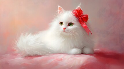 Elegant White Cat with Red Bow Against Soft Pink Background