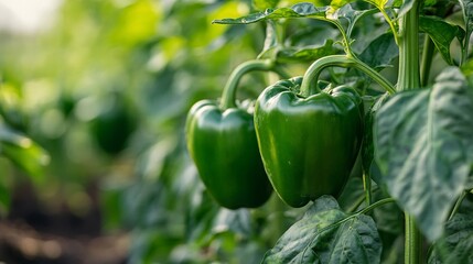 Green Bell Peppers Growing Beautifully on Their Green Plant