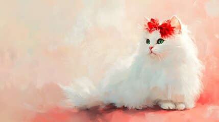 Adorable fluffy white cat with red bow sitting gracefully