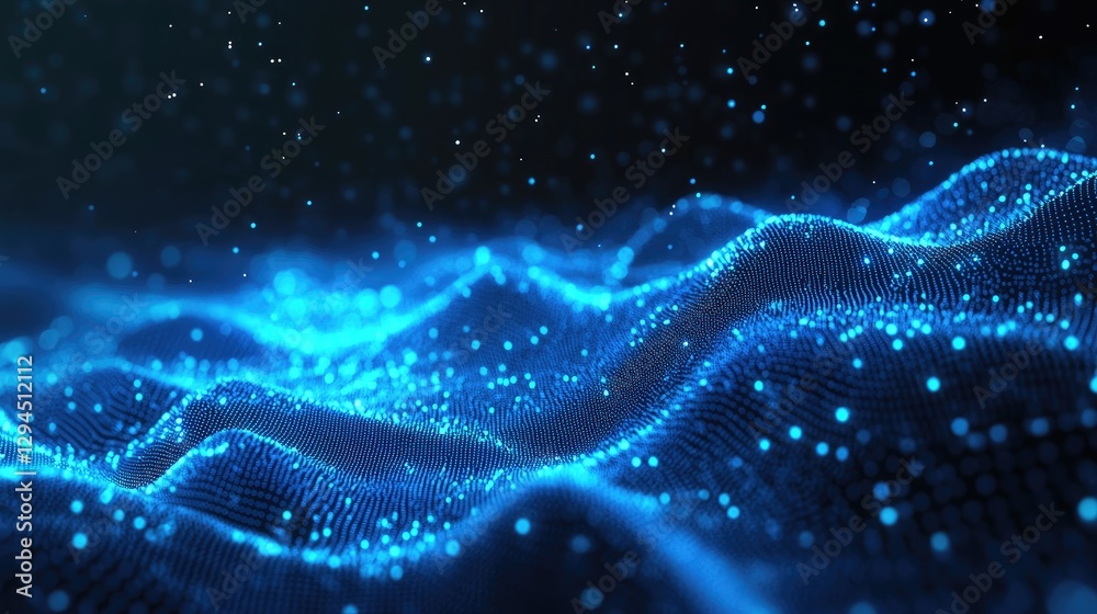 Poster A futuristic digital wave of glowing blue dots and particles forms a dynamic and immersive abstract background with motion and depth. Ideal for AI, technology, and innovation concepts