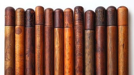 Wooden Pen Cases, Row, White Background, Variety of Colors and Wood Grains