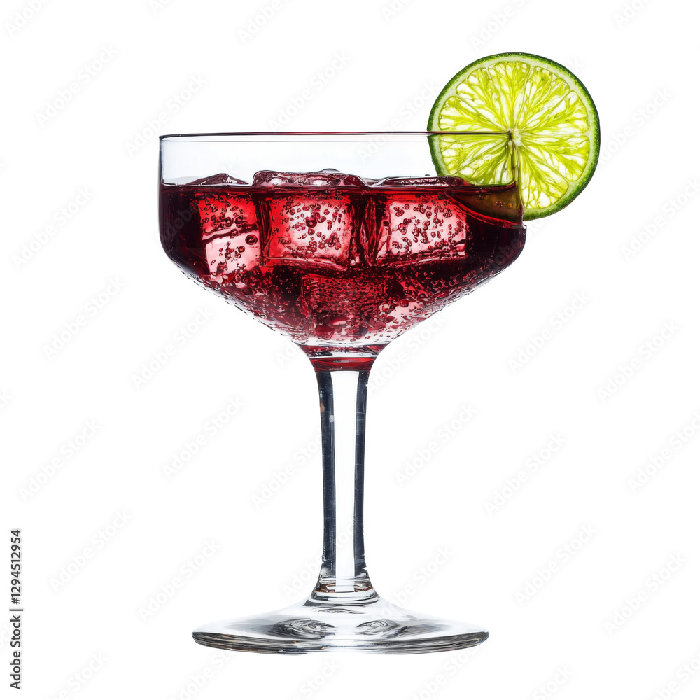 Poster refreshing cocktail in glass with ice and lime slice, perfect for summer gatherings. vibrant red color and bubbles create inviting atmosphere