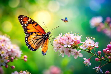 Fototapeta premium A vibrant butterfly gracefully landing on a blooming spring flower with a blurred green background. A perfect symbol of renewal and nature’s beauty.