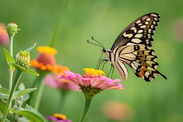 A vibrant butterfly gracefully landing on a blooming spring flower with a blurred green background. A perfect symbol of renewal and nature’s beauty.