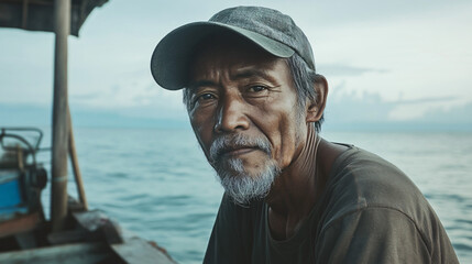 Obraz premium Portrait of a weathered fisherman on his boat at