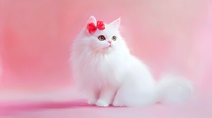 Adorable White Cat with Pink Background and Red Bow Decoration