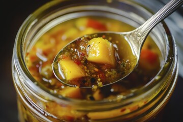 Homemade mango chutney in a jar with spoon: vibrant ingredients and textures