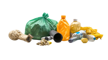 Waste plastic bottles and garbage bags on black background, a commentary on environmental pollution recycling