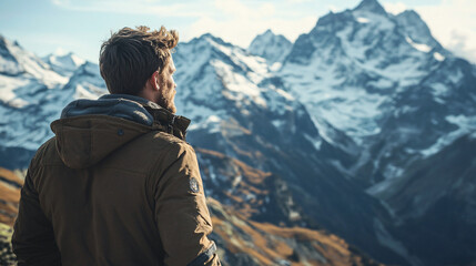 Man Contemplating Majestic Snow-Capped Mountain