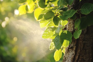 Sunlit Tree Bark and Leaves Closeup Nature Photography Forest Environment Natural Beauty Detailed Viewpoint