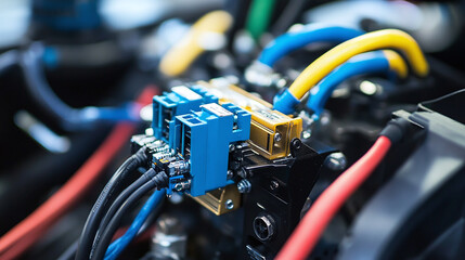 Electrical Wiring & Connectors: A vibrant display of colorful electrical wires, conduits, and connectors in a complex arrangement.