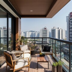Fototapeta premium A modern balcony presents an urban view with seating and design