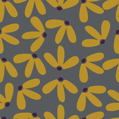 seamless vector repeat pattern, with abstract modern flower elements arranged in clusters with polka dots on a dark navy background