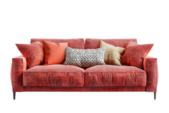 Elegant red seating furniture isolated on transparent background.