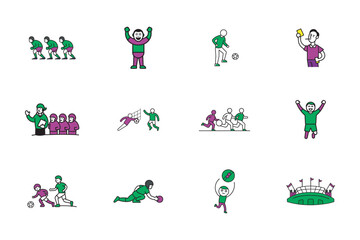 Dynamic football concepts outline vector illustrations of  football players, actions, and game moments