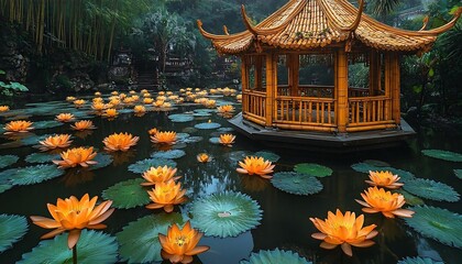 Obraz premium Tranquil Pond With Vibrant Orange Lilies And Elegant Pavilion In Serene Garden With Water