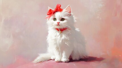 Adorable White Cat with Bow Sitting Gracefully Against Soft Background