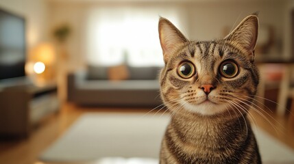 Obraz premium Curious cat close-up cozy living room pet photography indoor environment eye level domestic animal behavior