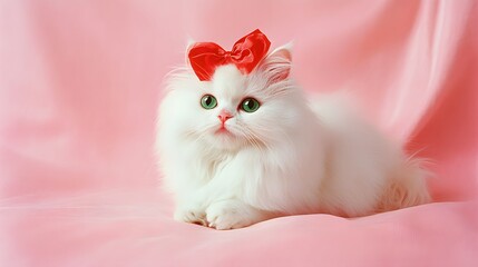 Adorable White Cat with Green Eyes and Red Bow on Pink Background