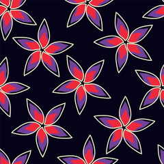 seamless vector repeat pattern, with abstract modern flower elements arranged in clusters with polka dots on a dark navy background