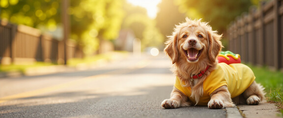 Joyful fluffy dog in hotdog costume on suburban street, playful whimsy